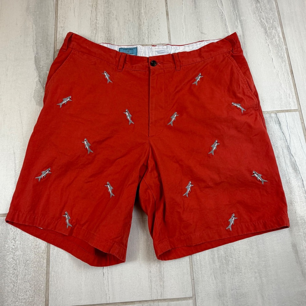 Castaway Nantucket Island Mens 36 Red Shark Embroidered Chino Shorts Coastal